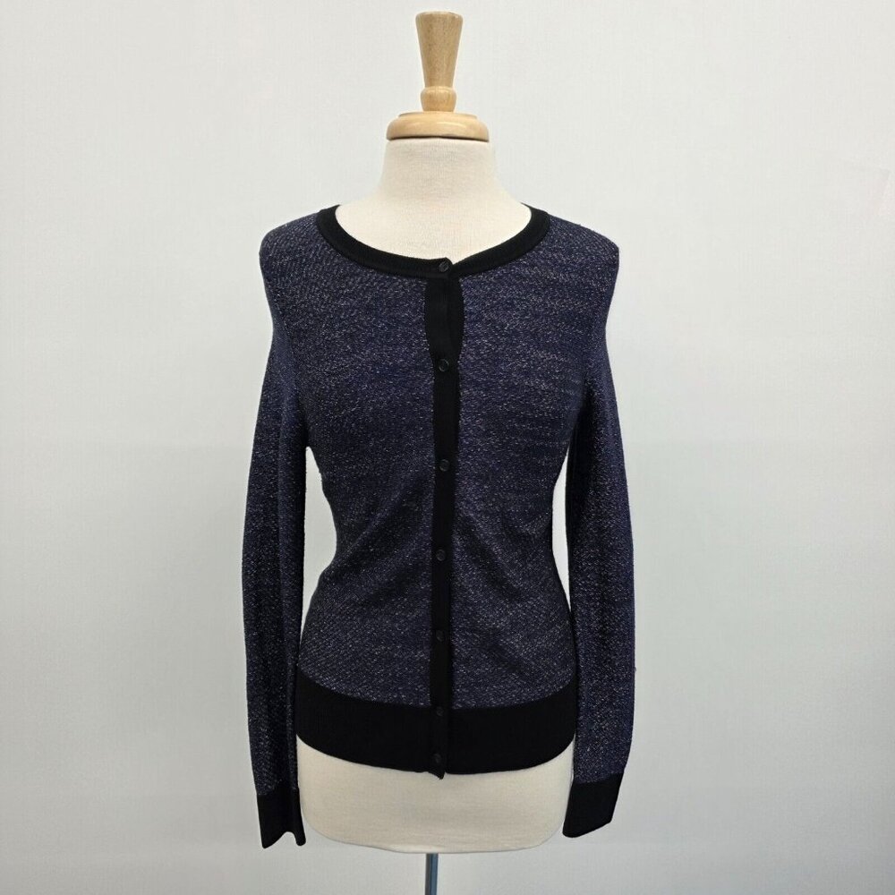 Ann Taylor Loft Black Navy Blue Metallic Shimmer Cardigan Sweater Small‎ Size M